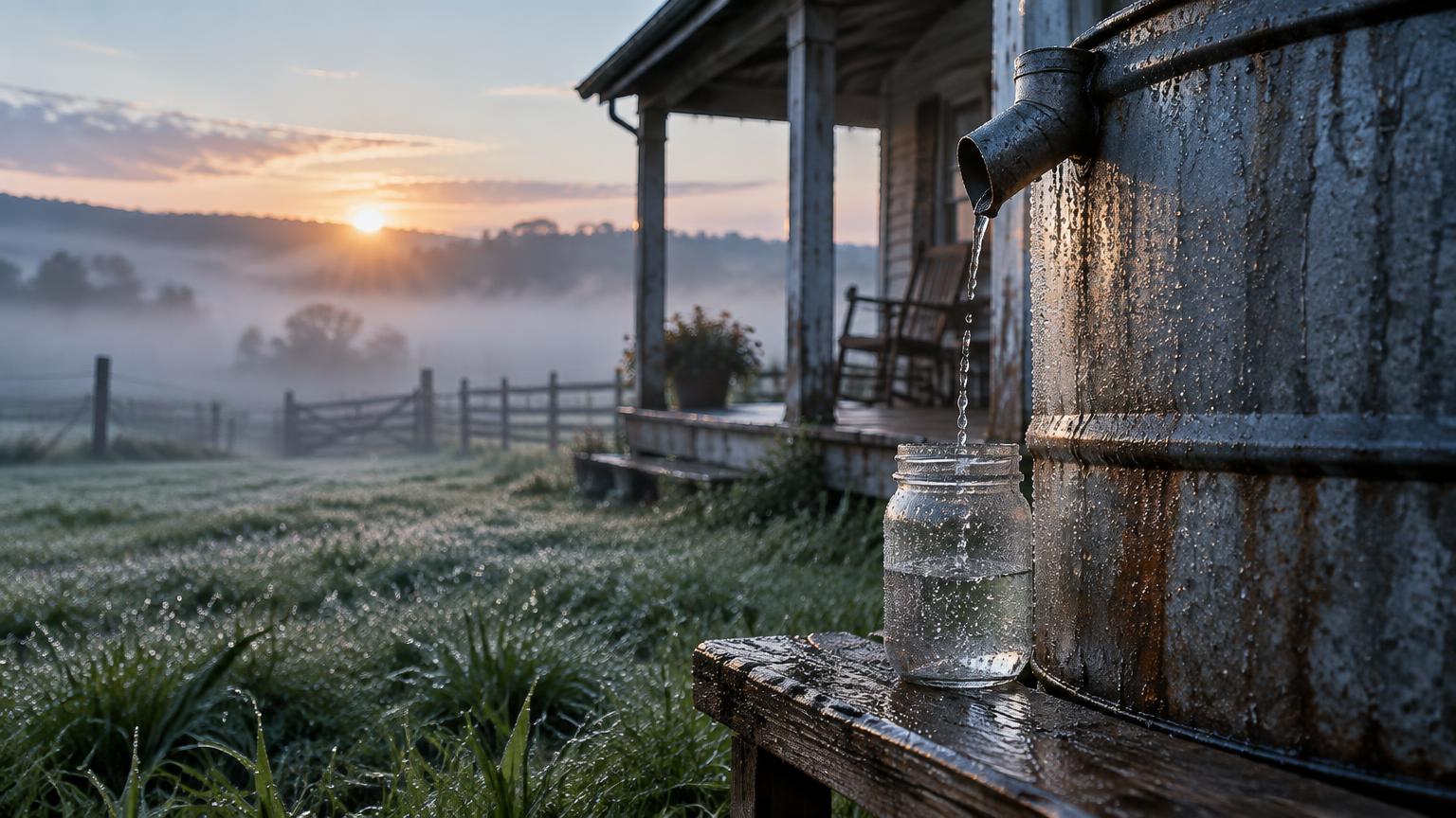 Misty dawn at a rural farmhouse with condensation beading on a cold metal tank and water filling a glass jar